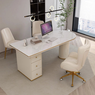 47.24"Luxury-Style Granite-Backed White Office Desk