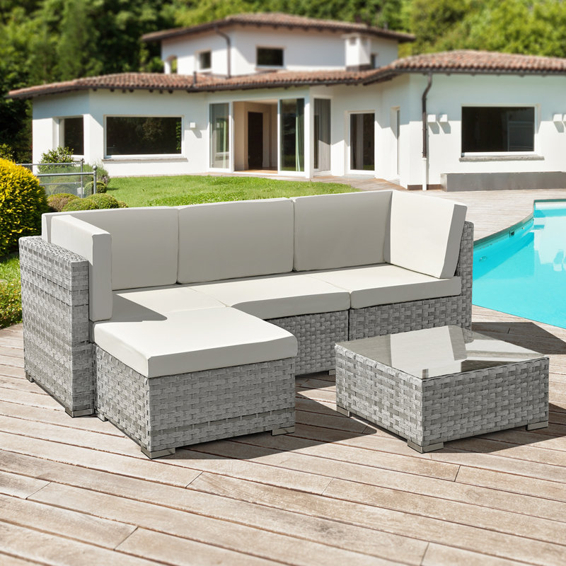 Trinidad Rattan 4 Seat Modular Chaise Lounge Set, Dove Grey