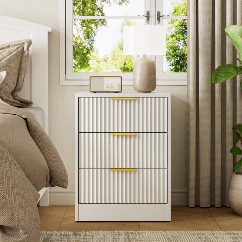 Fluted Nightstand With 3 Storage Drawers, White, 3