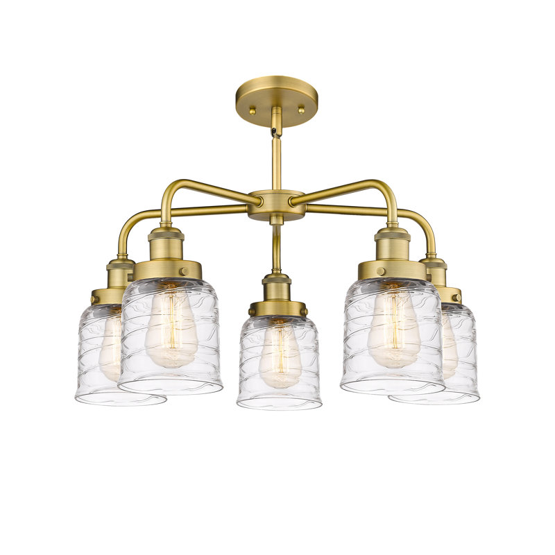 Lustre en verre à 5 lumières Bell, Tourbillon déco transparent, Laiton brossé