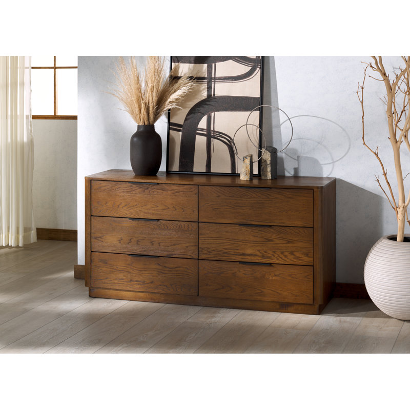 Commode double horizontale en bois d'hévéa à 6 tiroirs Tahani, Chêne moyen / Noir