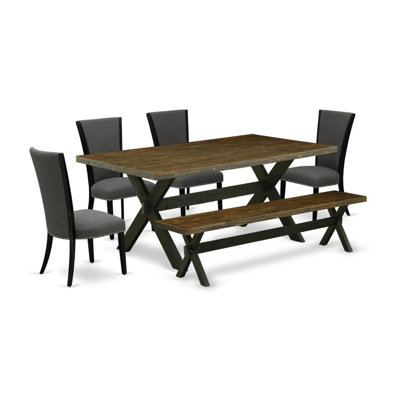 6 Piece Dining Table Set Contains a Rectangle Kitchen Table with X-Legs and 4 Dark Gotham Linen Fabric Parson Chairs with a Bench, Black Finish