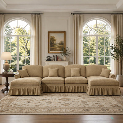Classic U Shape 4 Seater Modular Sectional Sofa Couch With Flared Arms And Removable Ruffles Pleats Skirts And Spindle Legs, Chenille Deep Seat Cloud Sofa With Movable Ottomans, Light Coffee