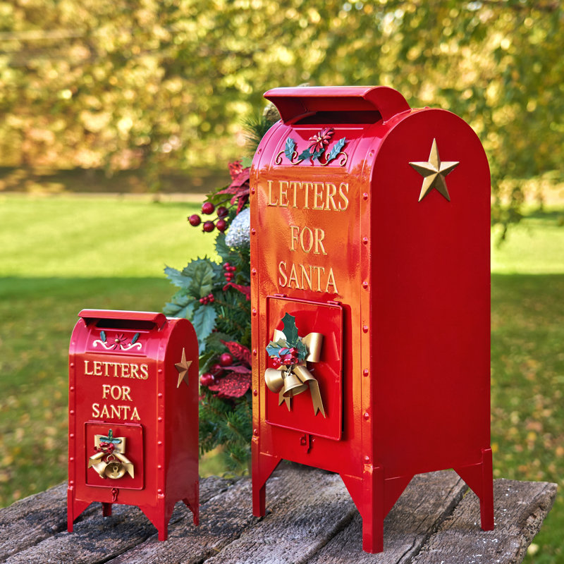 Set of 2 Glossy Red Iron Christmas Mailboxes with Gold Details