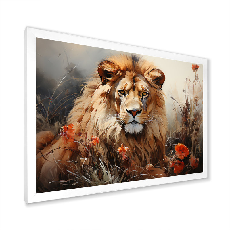 «Lion Wilderness Symphony I» sur toile, Cadre simple blanc, H 16 po x l 32 po x P 1 po