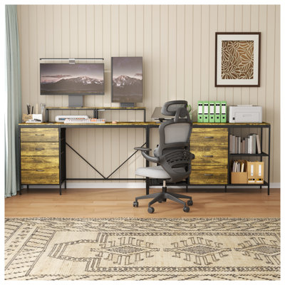 114-Inch L-Shaped Computer Desk with Built-in Power Outlets & USB-C Ports, Industrial Modern Office Workstation in Light Brown Walnut Finish