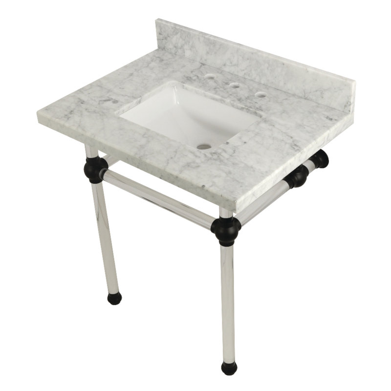 Templeton Stone Rectangular Console Bathroom Sink with Overflow, Carrara Marble/Matte Black