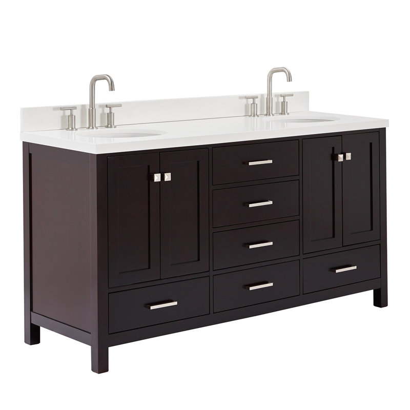 Cambridge 67'' Double Bathroom Vanity with White Quartz Top, Espresso / Brushed Nickel, Oval