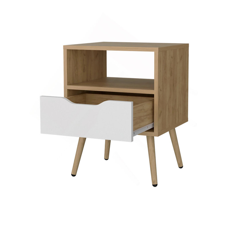 Table de chevet en chêne naturel et blanc avec rangement ouvert