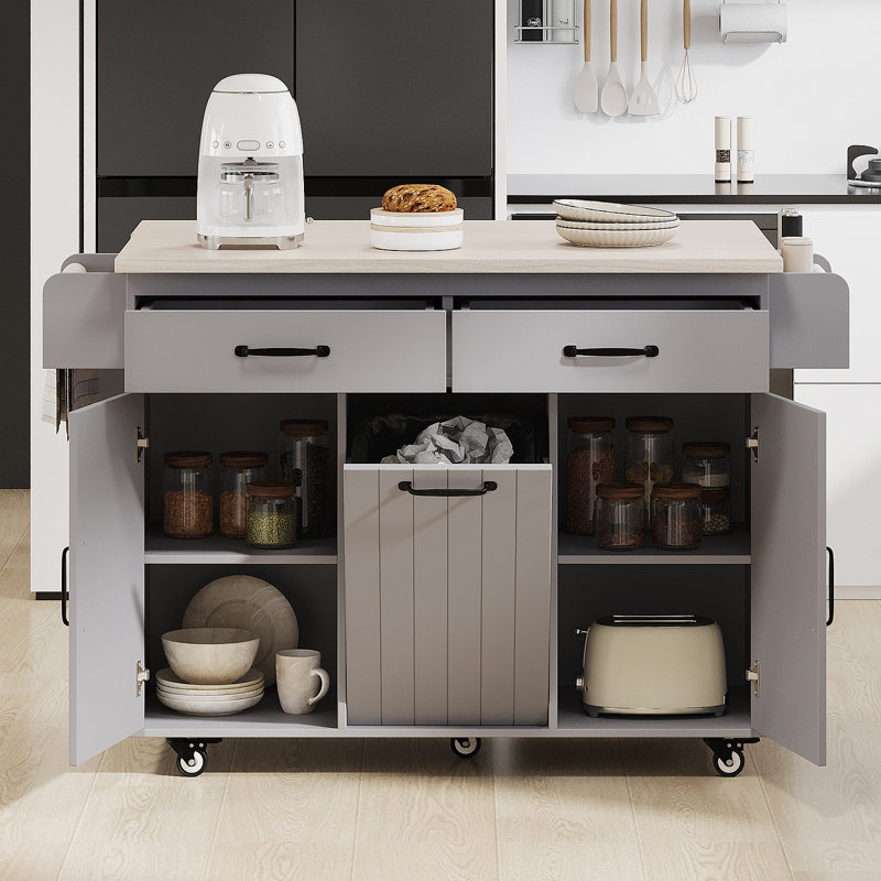 K&K Kitchen Island With Trash Can Storage Cabinet, Kitchen Cart With Drop Leaf, Spice Rack, Towel Rack And Drawer, Rolling Kitchen Island On Wheels With Adjustable Shelf