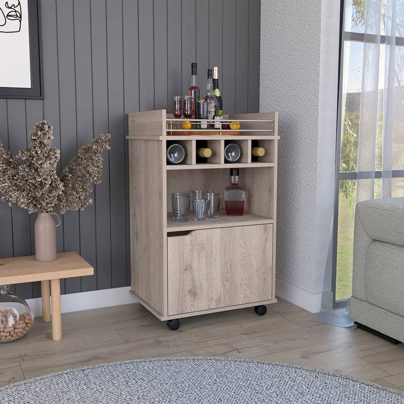 Chariot-bar Phoenix avec 2 tablettes ouvertes, 4 casiers et armoire