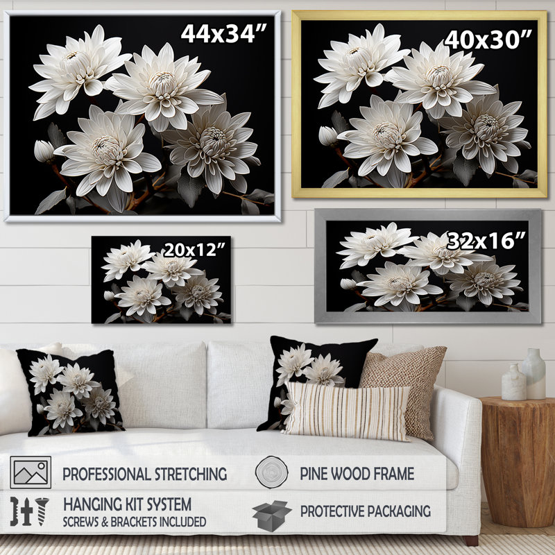 «White Mums Bouquet Still Life - Mums», reproduction d'art sur toile, H 12 po x l 20 po x P 1 po, Cadre simple noir