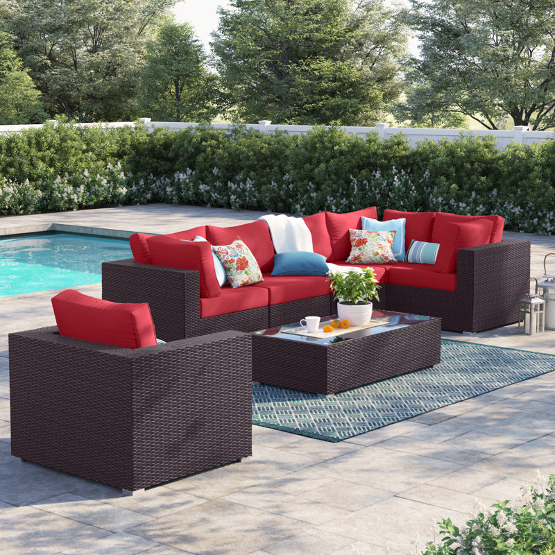 Ensemble de canapé modulaire d'extérieur en rotin et osier de 7 pièces Convene de Modway, Rouge
