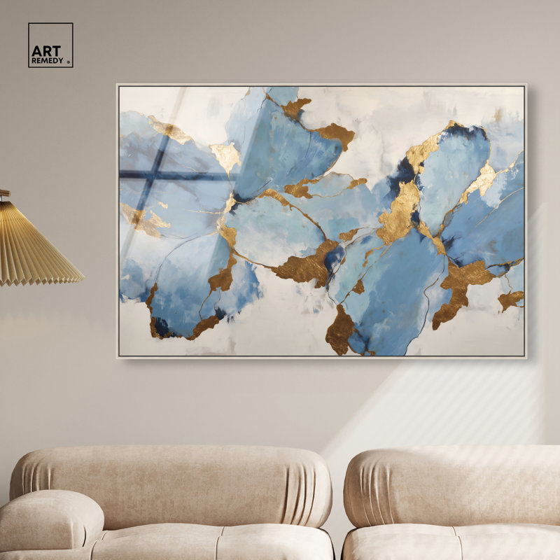 «Gold River II», reproduction d'art encadrée bleue et dorée par Art Remedy, cadre argenté, 54 x 36, H 37 po x l 55 po