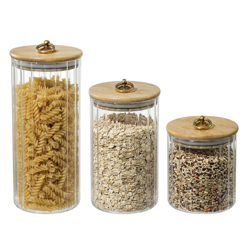 3 Piece Ribbed Glass Kitchen Canister Set with Acacia Wood Lids