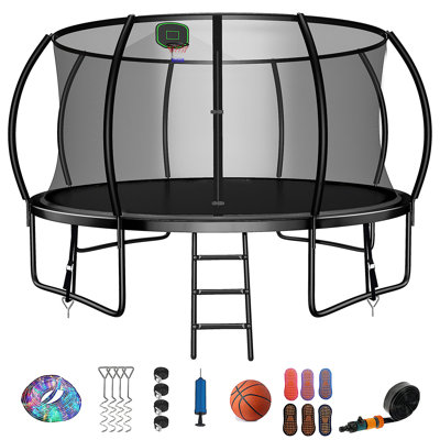 12FT Round Backyard Trampoline with Safety Enclosure, Sprinkler and Lights