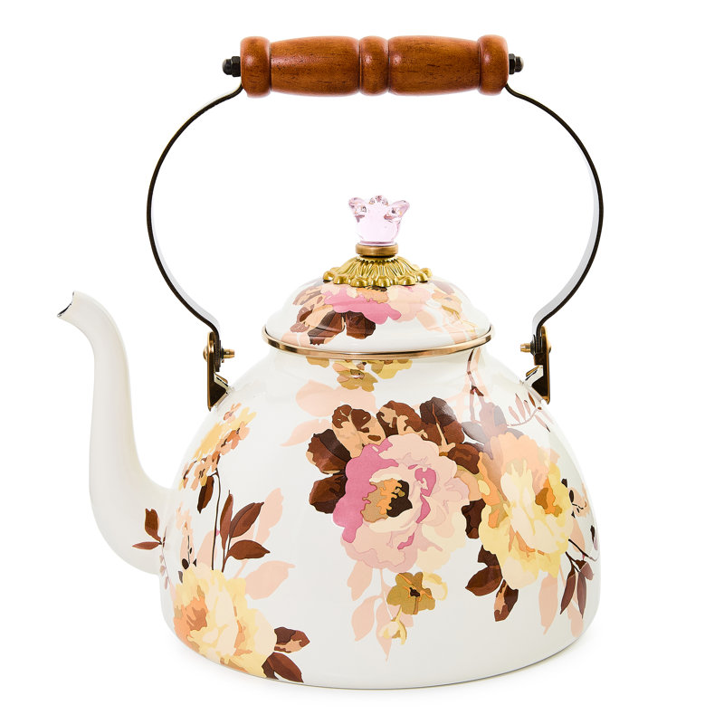 Wild Rose 3 Quart Tea Kettle, White