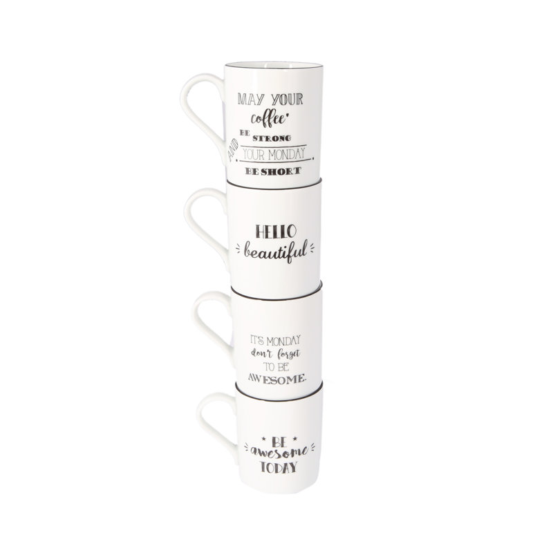 Be Happy White Ceramic 4-Piece Mug Set