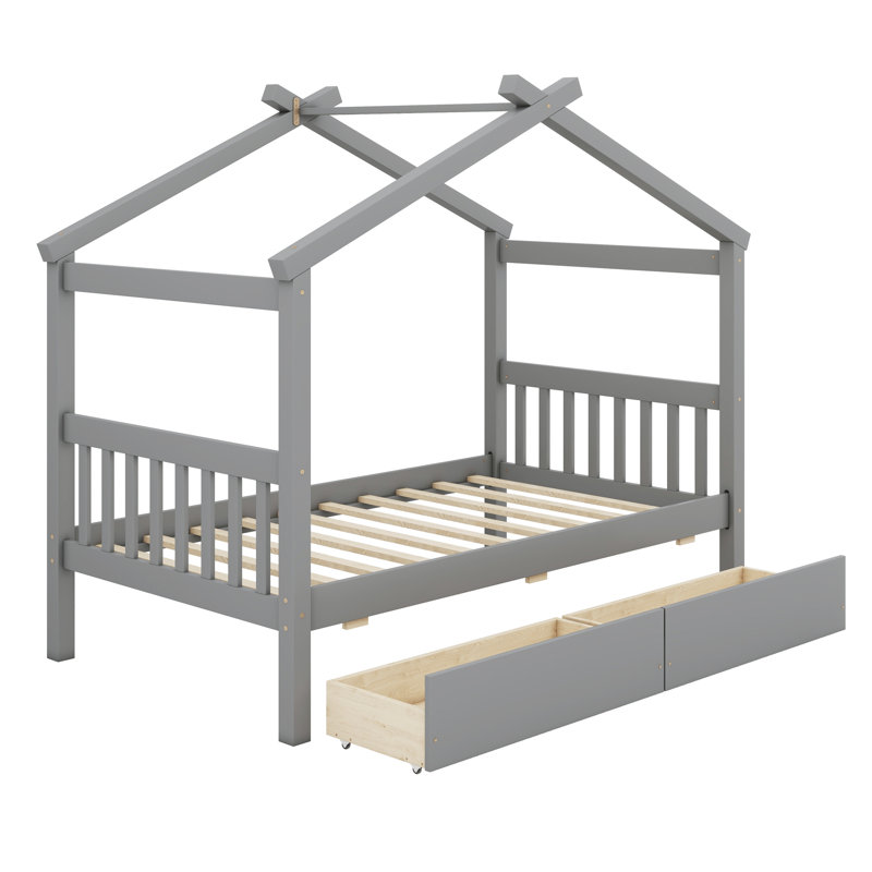 Lit en bois avec tiroirs, Gris