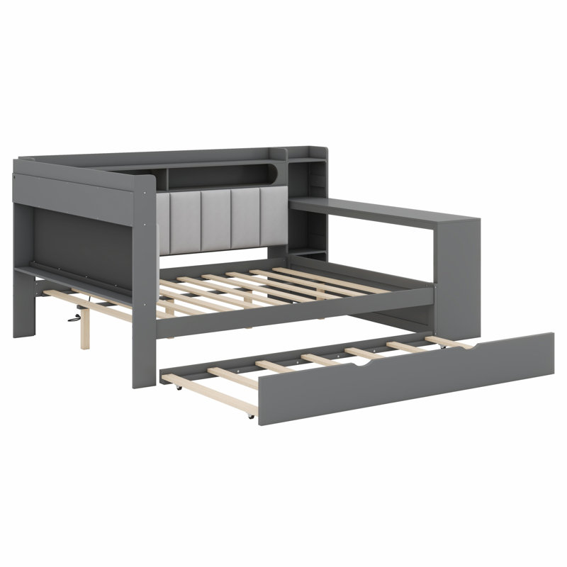 Modern Daybed with Trundle, Charging Station, LED Light, Desk and Storage Shelves, Gray