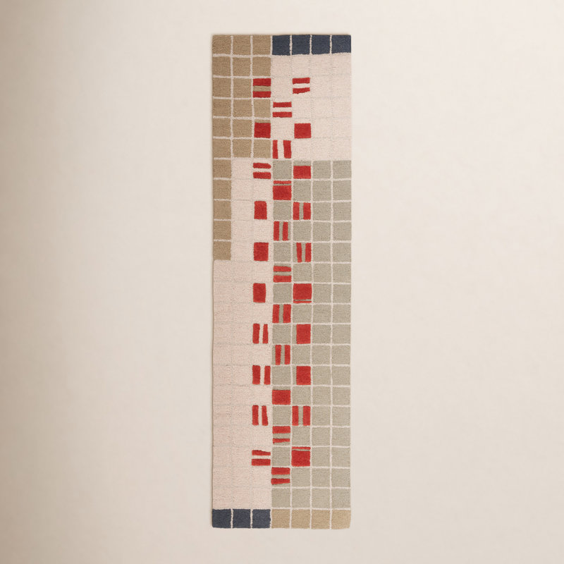 Tapis gris / rouge / beige en laine / coton touffeté à la main Elswick, Tapis de couloir 2 pi 3 po x 8 pi