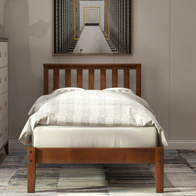 Twin Platform Bed With Headboard, Crafted Solid Wood Slats  Walnut Bed, Headboard &