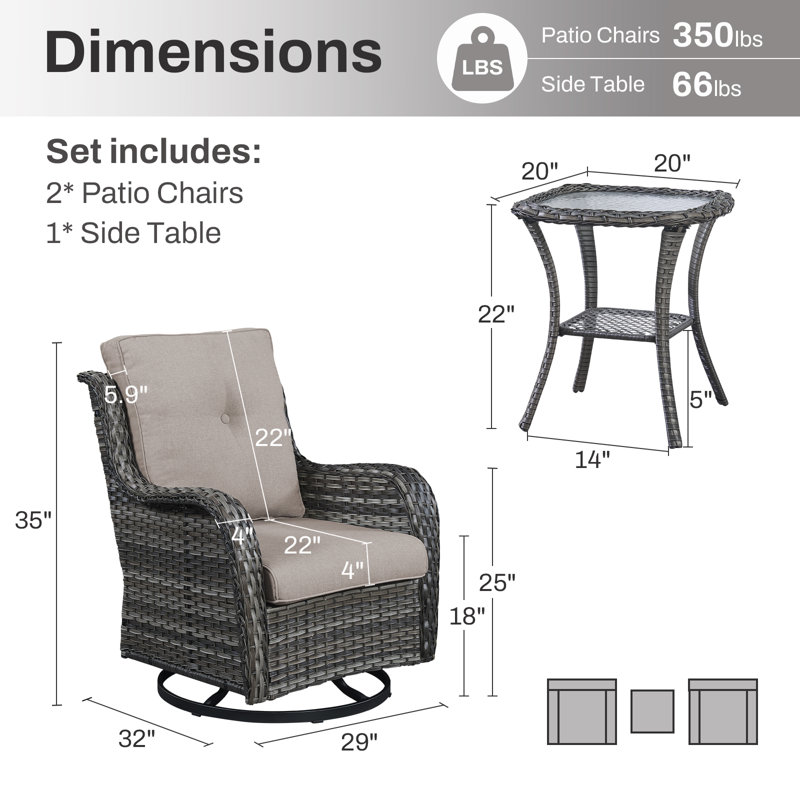Ensemble de fauteuil oscillant et table d'appoint en osier Wendye avec coussins en oléfine résistants à l'eau, Gris, Gris