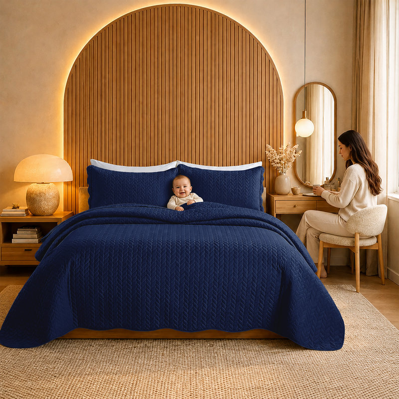 Oxford Microfiber Embossed Lightweight Comforter Set with Pillow Shams, Blue, Queen Comforter + 2 Standard Shams