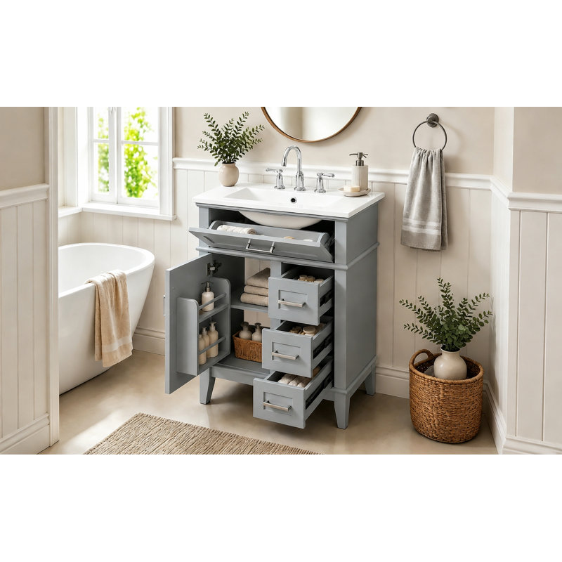 Single Bathroom Vanity with Ceramic Top, Grey