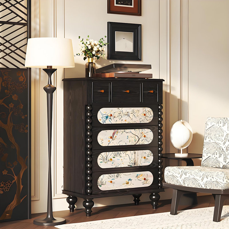 Commode en bois massif français français avec poignées en cuivre, Noir