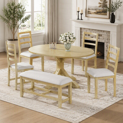 Farmhouse 6-Piece Extendable Pedestal Dining Table Set with Removable Leaf, Bench, and Ladder Back Chairs