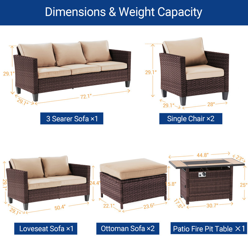 7-Pieces Patio Sofa Sets with 45'' Fire Pit Table, PE Rattan Wicker for Patio , Deck and Yard, Sand, Brown
