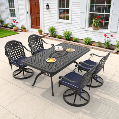 5-Piece Rectangle Cast Aluminum Outdoor Patio Dining Set with Swivel Chairs & Cushions & Umbrella Hole