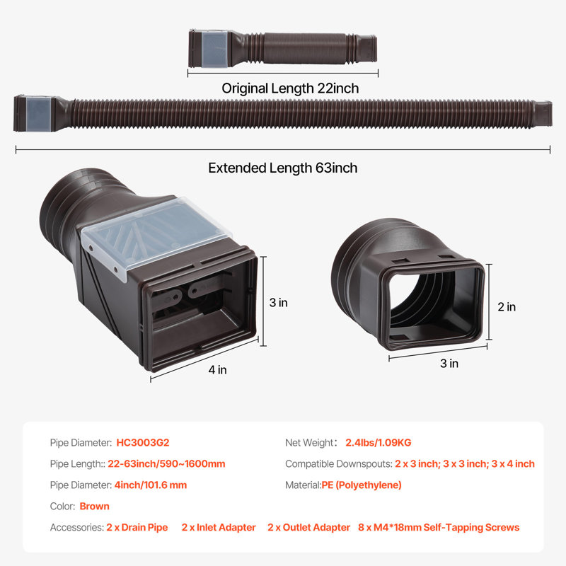 Rain Gutter Downspout Extensions 2-Pack Flexible Downspout Extender, Brown