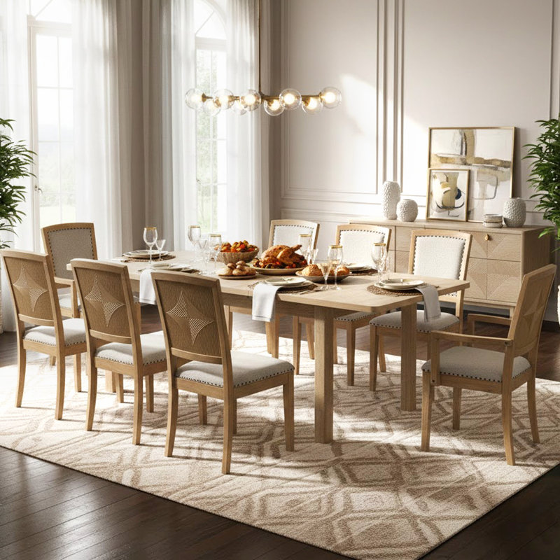 Ensemble de table de salle à manger extensible de 84 po avec rallonge de 24 po, 6 chaises rembourrées et 2 fauteuils, ensemble de salle à manger rustique 9 pièces