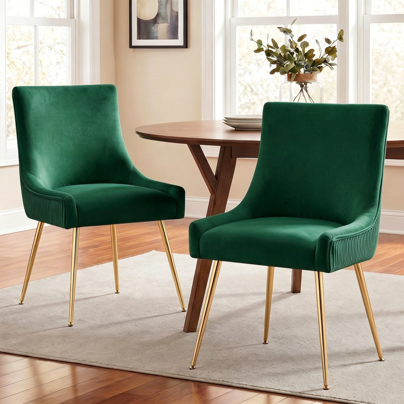 Velvet Upholstered Side Chair With Gold Legs , Green, Gold