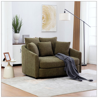 Chaise longue rembourrée de 56,3 po de large rembourrée avec coussins, fauteuil de baril surdimensionné douillet avec housse pour fauteuil club, salon, chambre à coucher, bureau, salon, vert