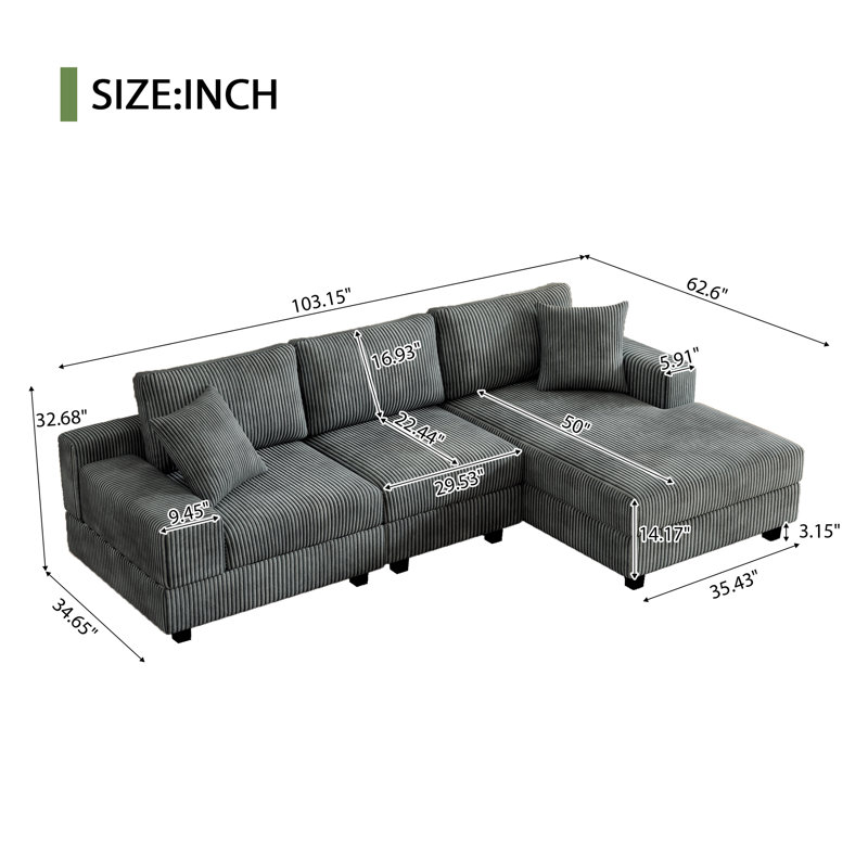 103" L-shaped Modular Sectional Sofa 3-Piece Corduroy Deep Seat Couch With Chaise Set & Pillows, Gray Corduroy