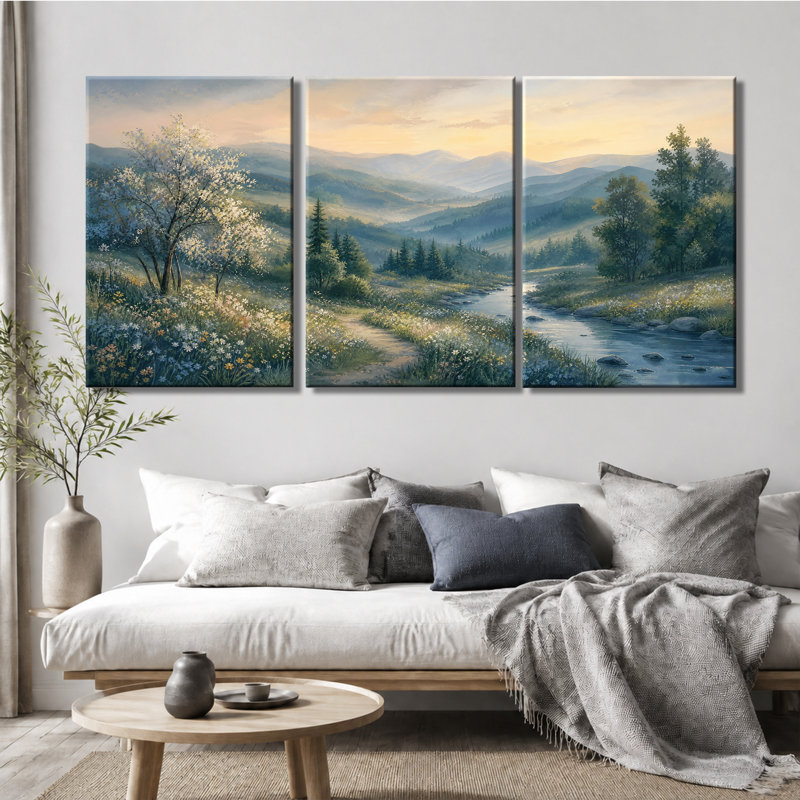 Tableau rustique sur toile avec vue sur un ruisseau de fleurs sauvages et un coucher de soleil sur les montagnes, idéal pour la salle à manger ou la chambre. Parfait pour une chambre ou une salle à manger.