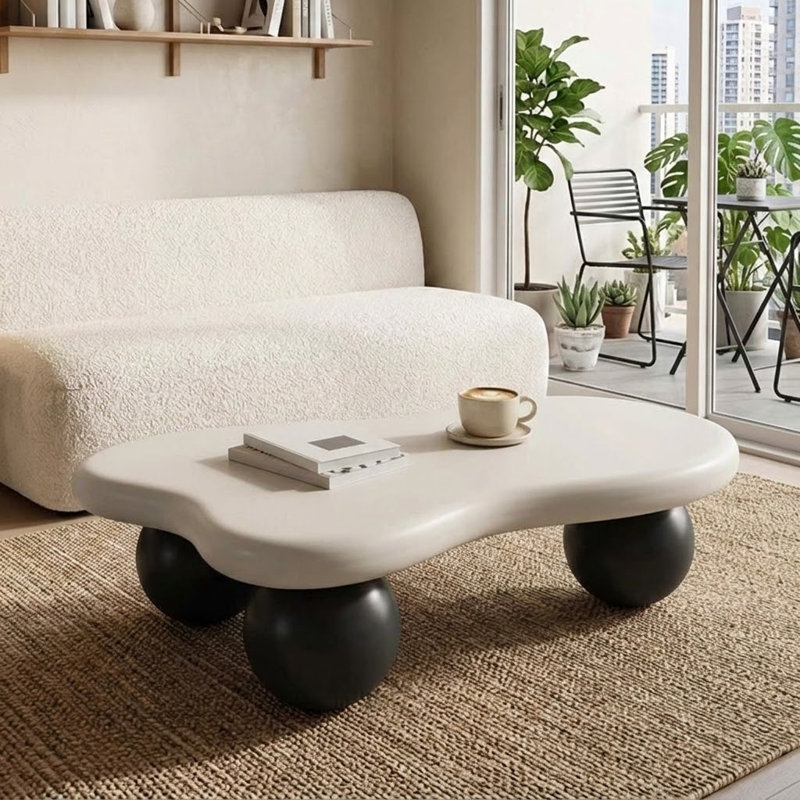 Modern 40" Cloud-Shaped Coffee Table with Three Ball Legs, Minimalist Low Accent Table for Living Room and Lounge Spaces