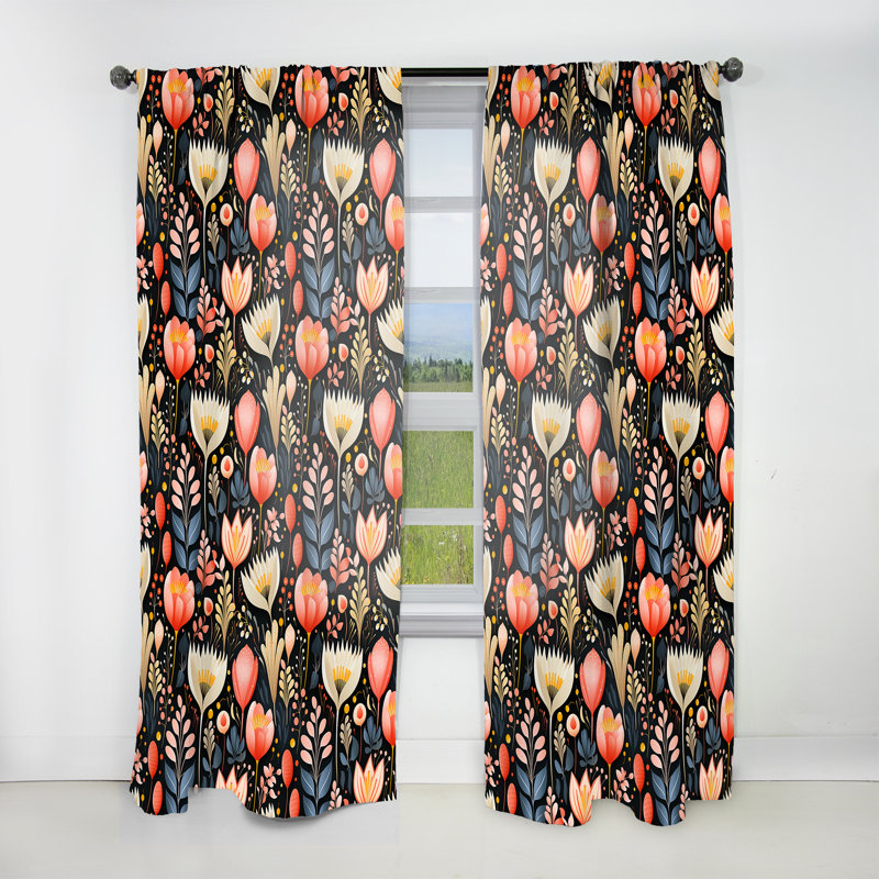 Feuilles multicolores botaniques sur motif noir I - Rideau bohémien - Velours obscurcissant - 1 panneau, L 52 po x L 95 po