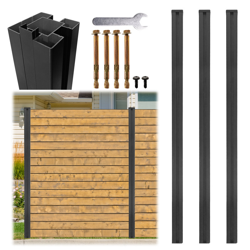 Paquet de 3 poteaux de clôture sans creusage de 6 pi, poteau d'intimité réglable en métal noir mat à 3 voies pour panneaux de bois, fixation extérieure robuste