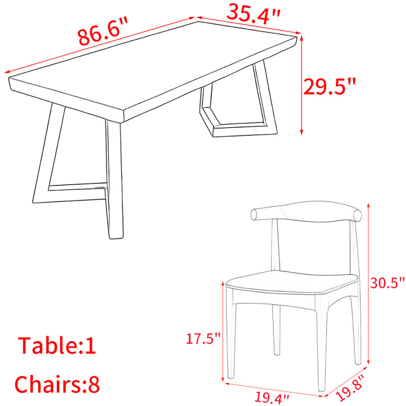 American style solid wood dining table set., 29.5"H x 86.6"L x 35.4"W