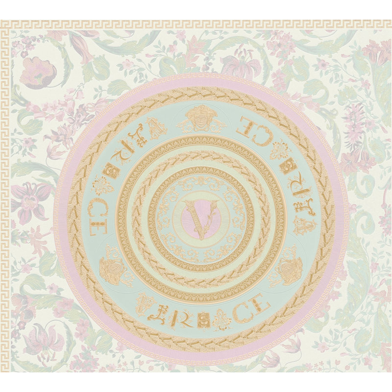 Versace Luminous Ember Unpasted Vinyl Wallpaper, Cream/Gold/Pink/Green