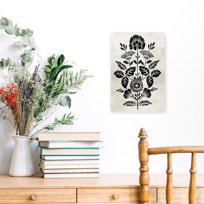 Art floral contemporain sur toile texturée abstraite, H 18 po x l 12 po, Noir / blanc