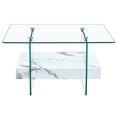 31.4 Inch Modern Two-Tier Square Coffee Table - An Elegant Combination Of Clear Glass And Black Marble Pattern Sticker.It Can Be Used As A Coffee Table,A Side Table Or A Display Stand.