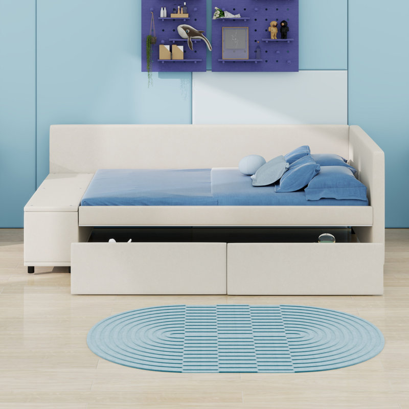 Lit plateforme tapissier en L avec rangement et tiroirs, Beige