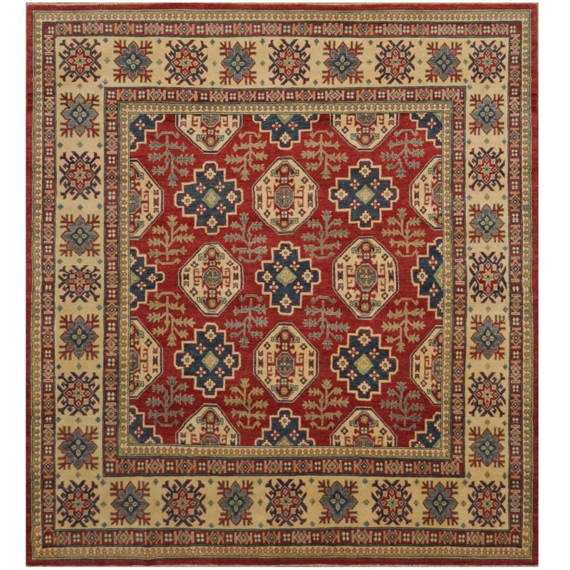 Tapis de zone en laine rouge/beige 8 pi x 9 pi à la main one-of-kind noué la kazak Habib