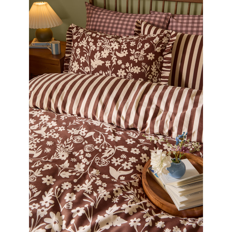 Posie Cotton Blend Duvet Cover Set, Single Duvet Cover + 1 Standard Pillowcase, Brown, Beige Floral, Striped