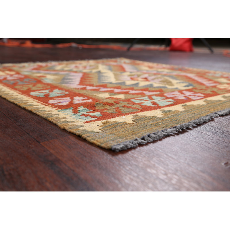 Tapis rouge/ivoire/gris en laine fait main kilim Carner